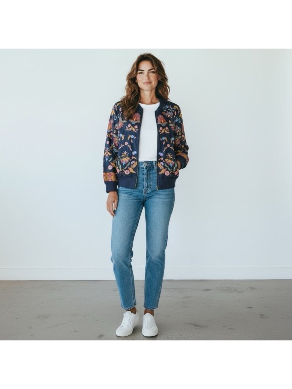 navy blue embroidered cotton full zip boho bomber jacket womens sz m